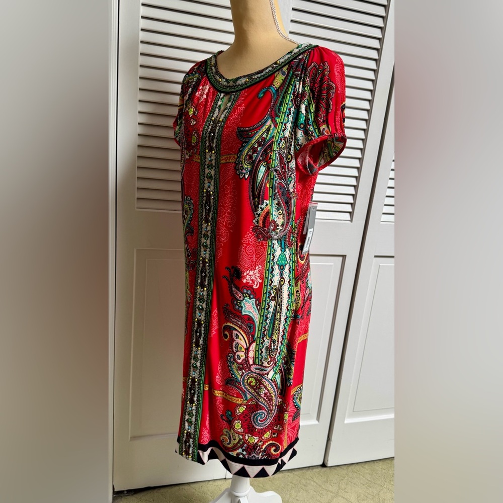 Apt. 9 Red Paisley Dress with Beaded Accents, size 12, NWT,Gorgeous!